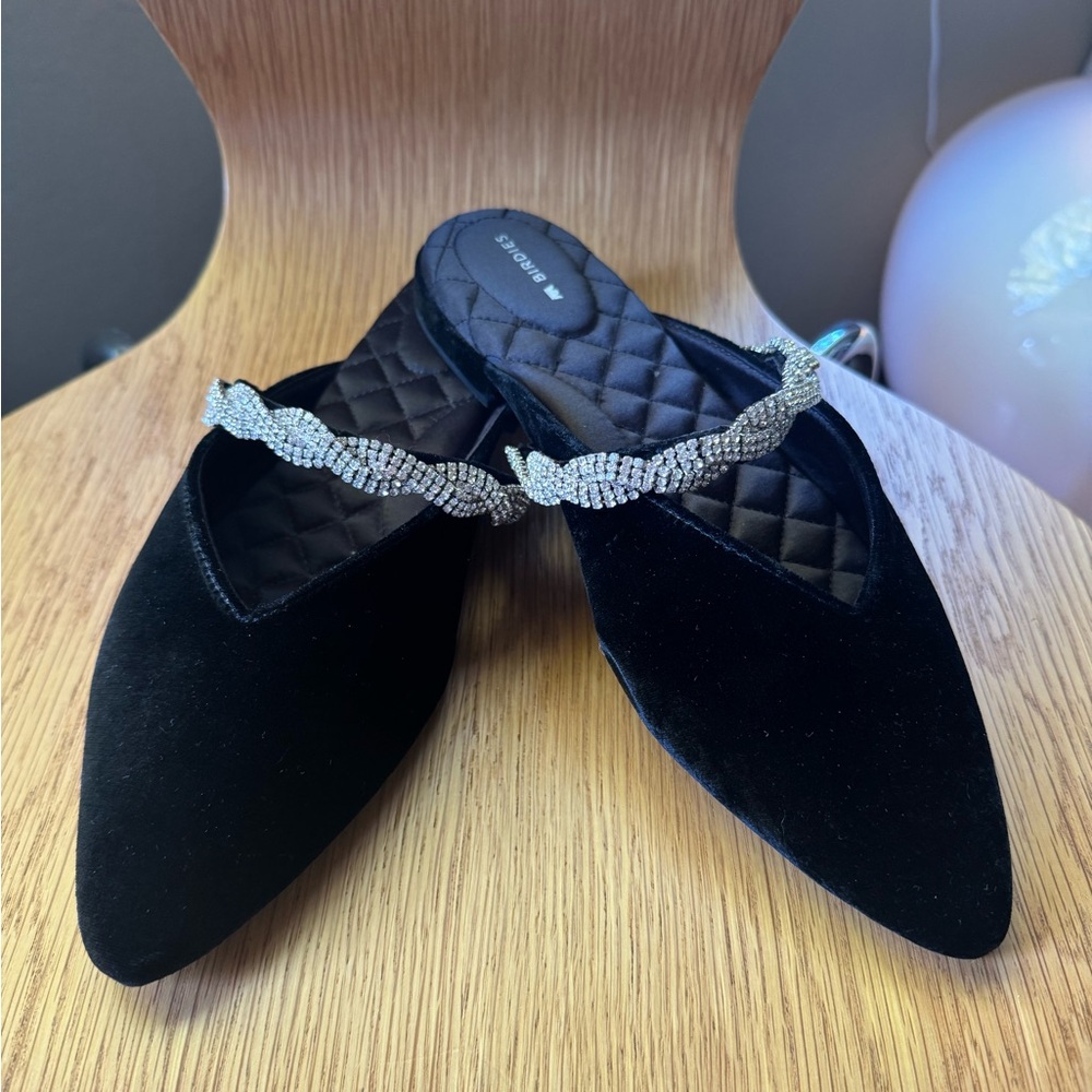 Steve Madden Black Velvet Mules with Rhinestone Strap